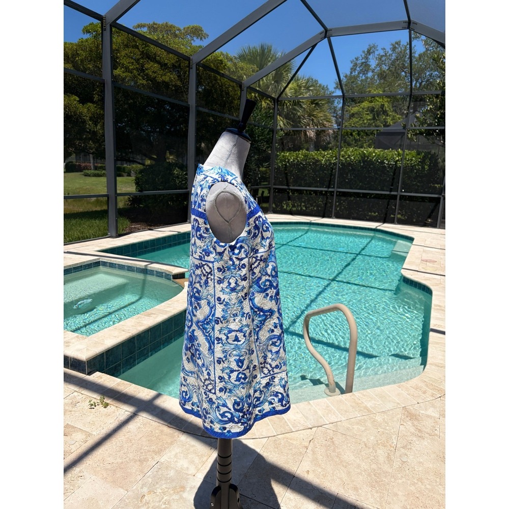 Dolce & Gabbana Blue White Majolica Tile Brocade Shift Mini Dress IT 46 US 10 - Picture 8 of 8